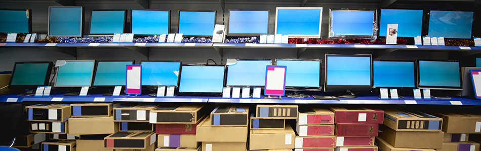warehouse shelves with computers